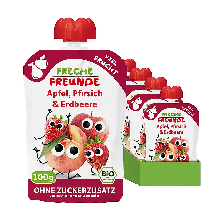 FRECHE FREUNDE Bio Quetschie Apfel, Pfirsich & Erdbeere, Fruchtmus mit Obst im Quetschbeutel für Babys ab dem 6. Monat, vegan, 6er Pack (6 x 100g)