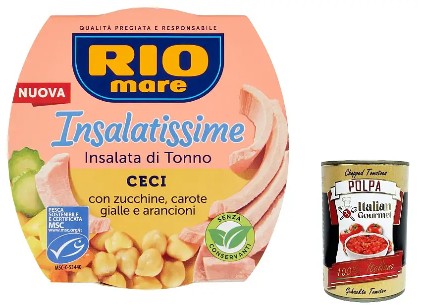 3x Rio Mare Insalatissime Ceci Thunfischsalat Kichererbsen mit Zucchini und Karotten Fertiggerichte 160g + Italian Gourmet polpa 400g