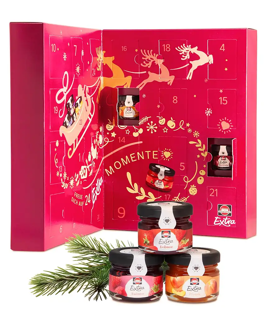 Schwartau Adventskalender 2023 mit 24 Portionsgläsern Konfitüre, 24x28.3g