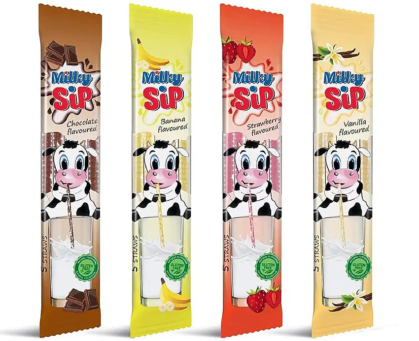 Super Milky Sip Strohhalme ! 120 Stück - 24 Packungen je 5 Trinkhalme in 4 Geschmacksrichtungen: Vanille, Banane, Erdbeere, Schokolade