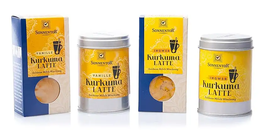 Sonnentor Kurkuma Latte Set - 2 Sorten: Ingwer und Vanille je in der Dose und als Nachfüller (4x 60g) (bio, vegan) Golden Milk - Ayurvedische Goldene Milch Set