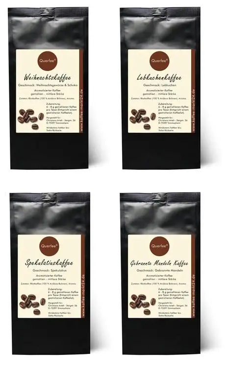 4 x Kaffee mit Geschmack zu Weihnachten als Geschenkset - Weihnachtskaffee, Spekulatius Kaffee, Lebkuchen Kaffee, Gebrannte Mandeln Kaffee - 100% Arabica Röstkaffee mit Aroma - 4x75 g (300 g)