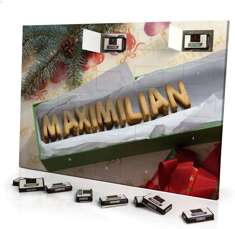 printplanet - Adventskalender mit Namen Maximilian - gefüllt mit Schokoladen-Füllung - personalisiert mit Namens-Motiv Keksbox - Schoko-Kalender, Weihnachtskalender, Namenskalender