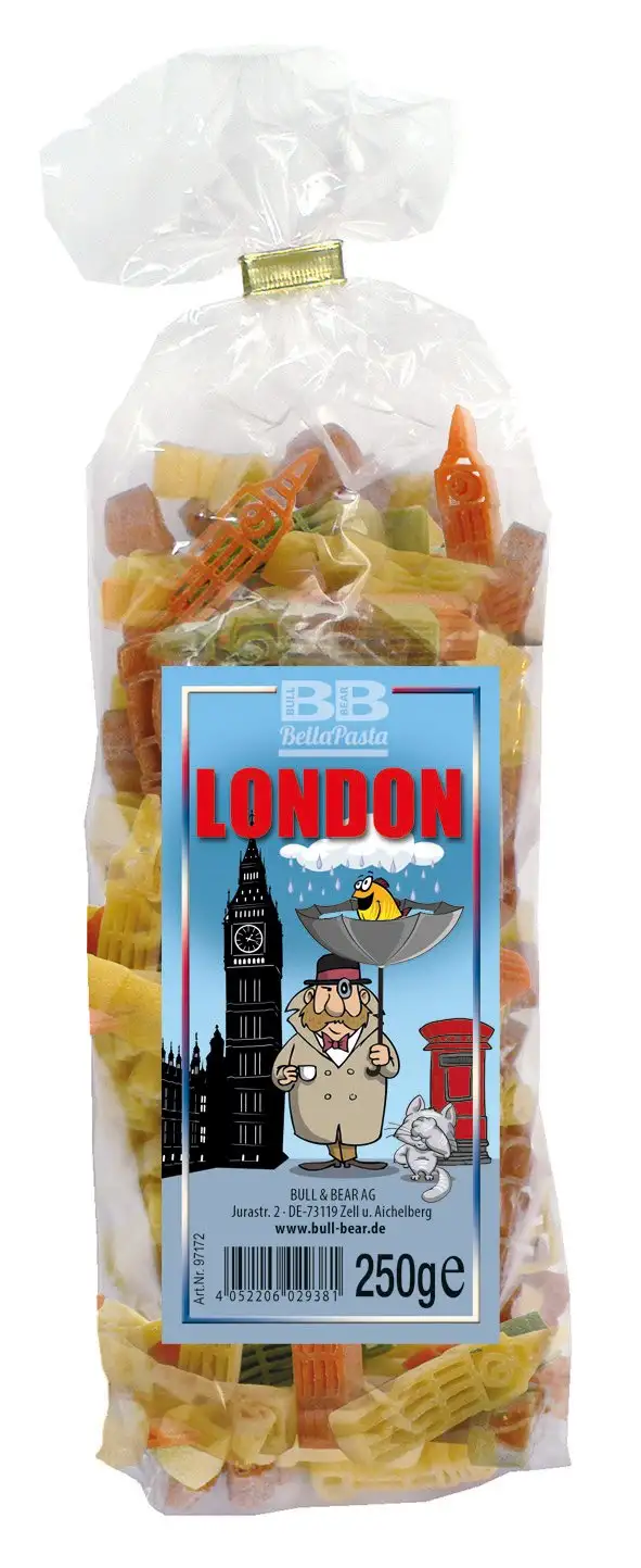 Bull & Bear Pasta bunte Reise-Nudeln “London” 250 g, Motivnudeln handgefertigt, Geschenk