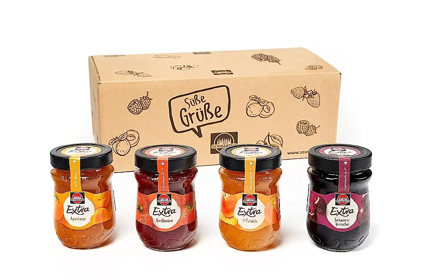 Schwartau Extra Probierset, Konfitüre Bestseller-Paket (Erdbeere, Aprikose, Pfirsich, Schwarzkirsche), 4 x 340g Glas