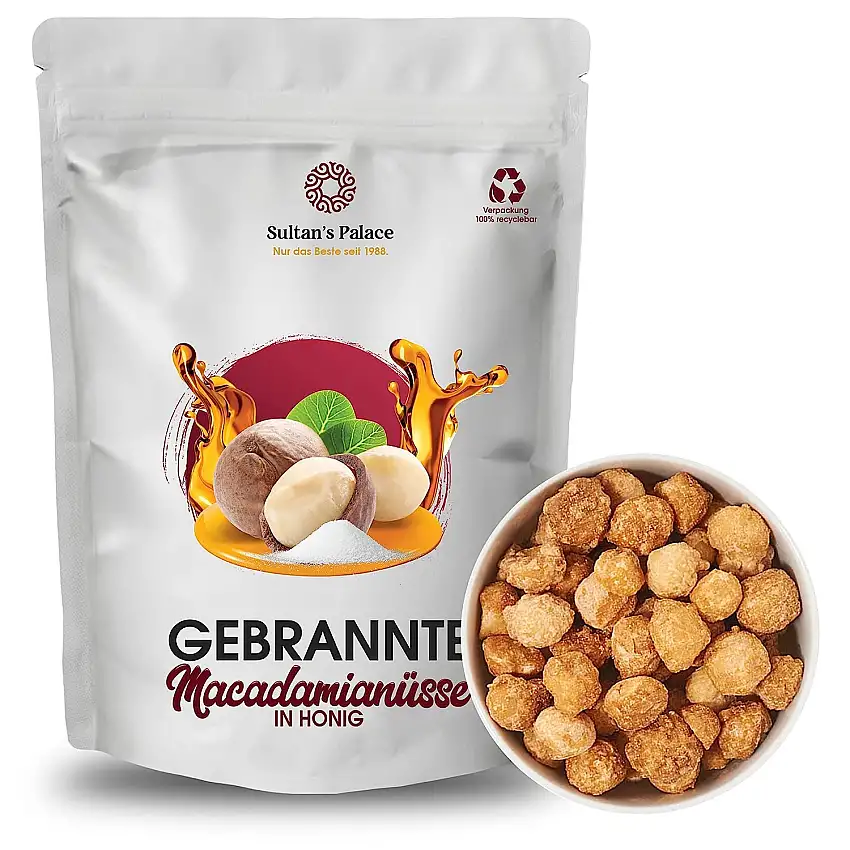 Sultan’s Palace Gebrannte Macadamianüsse mit Honig in Premium Qualität - Gebrannte Nüsse - Ganz Besondere Süßigkeiten aus aller Welt - Macadamia Nüsse – Karamellisierte Nüsse (200gr)