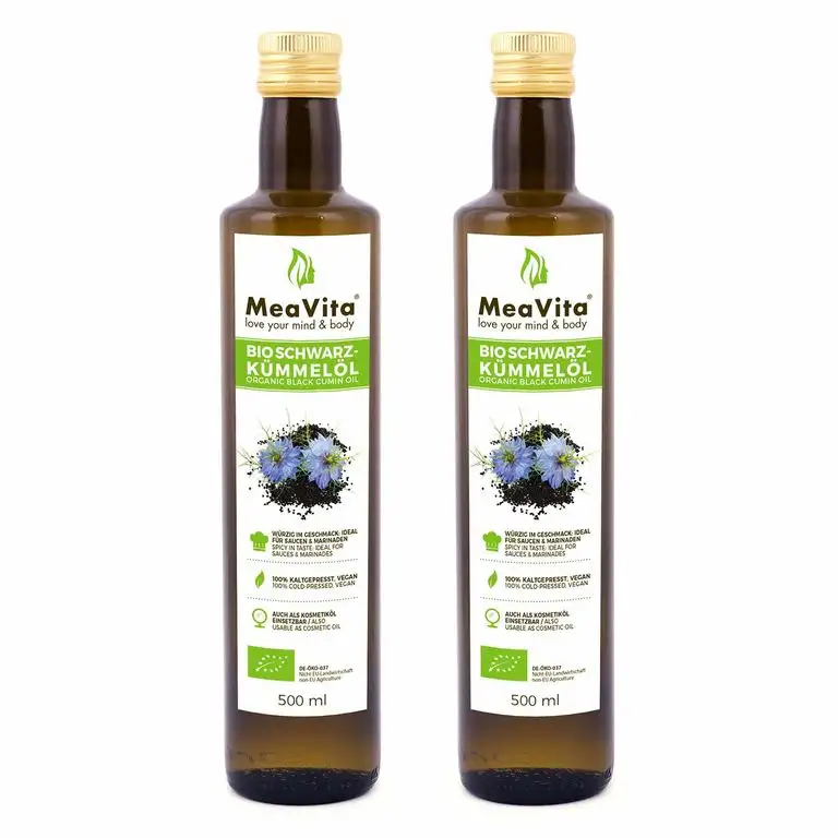 MeaVita Bio Schwarzkümmelöl, kaltgepresst, (2 x 500ml) gefiltert und schonend gepresst reich an ungesättigten Fettsäuren
