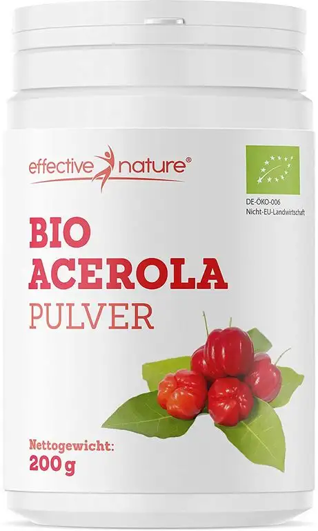 effective nature Bio Acerola Pulver - Natürliches Vitamin C aus der Acerolakirsche - Hochdosiert - Deckt 167% des Vitamin-C-Bedarfs - Ohne Zusatzstoffe und Rohkostqualität - Schonend getrocknet - 200g