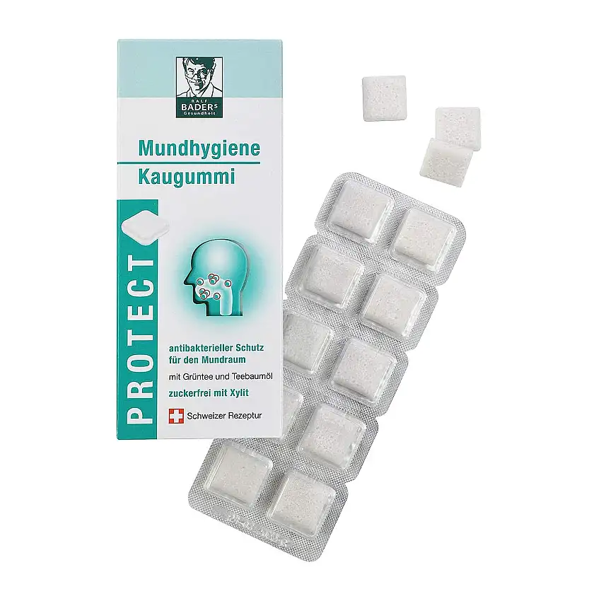 BADERs PROTECT Mundhygiene Kaugummi aus der Apotheke. Antibakterieller Schutz für den Mundraum mit Grüntee und Xylit. 20 Kaugummi-Quadrate