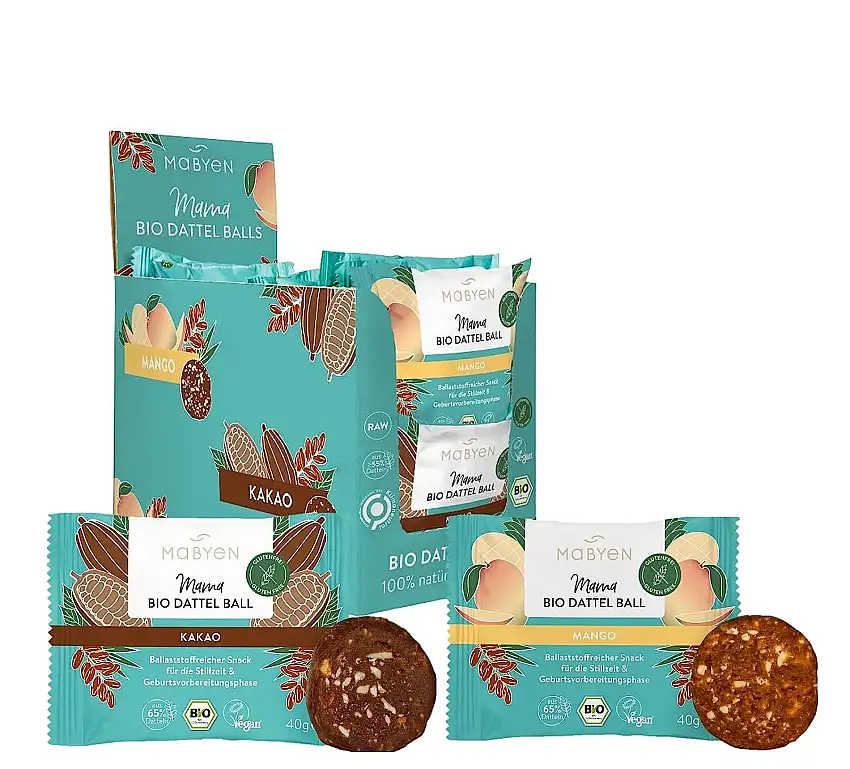 MABYEN Energy Balls Datteln Bio 20 Stk. - Gesunde Snacks ohne Zucker für Schwangerschaft und Mamas - Protein Riegel ohne Zucker als leckere Stillkugeln mit Trockenfrüchten - Geschmack Kakao und Mango
