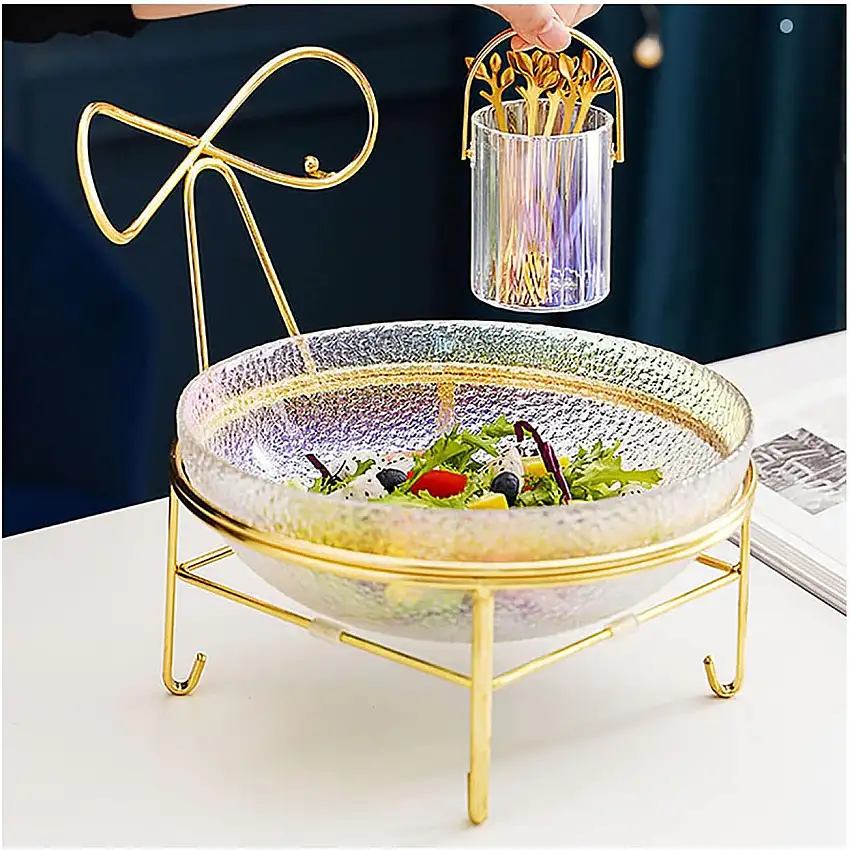 YUDIZWS Gemustertes Glasfruchtschüssel Dekorative Schüssel Buntes Glas Obstteller mit Edelstahl Obstgabelglas Obstschale Set Obst Salat Dessert EIS Servierschale,Multi Colored