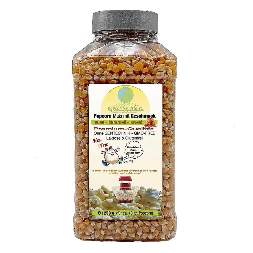 Popcornmais mit Geschmack 1250 g süss salzig oder Vanille für Airpop-Heißluft Automaten ohne Fett und Öl (süss)