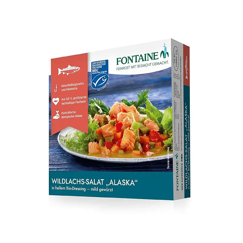 Fontaine - Wildlachs-Salat Alaska in mildem Bio-Dressing – 200 g – 5er Pack - Premium Lachsfilets aus 100% zertifizierter, nachhaltiger Fischerei und kontrolliertem Anbau
