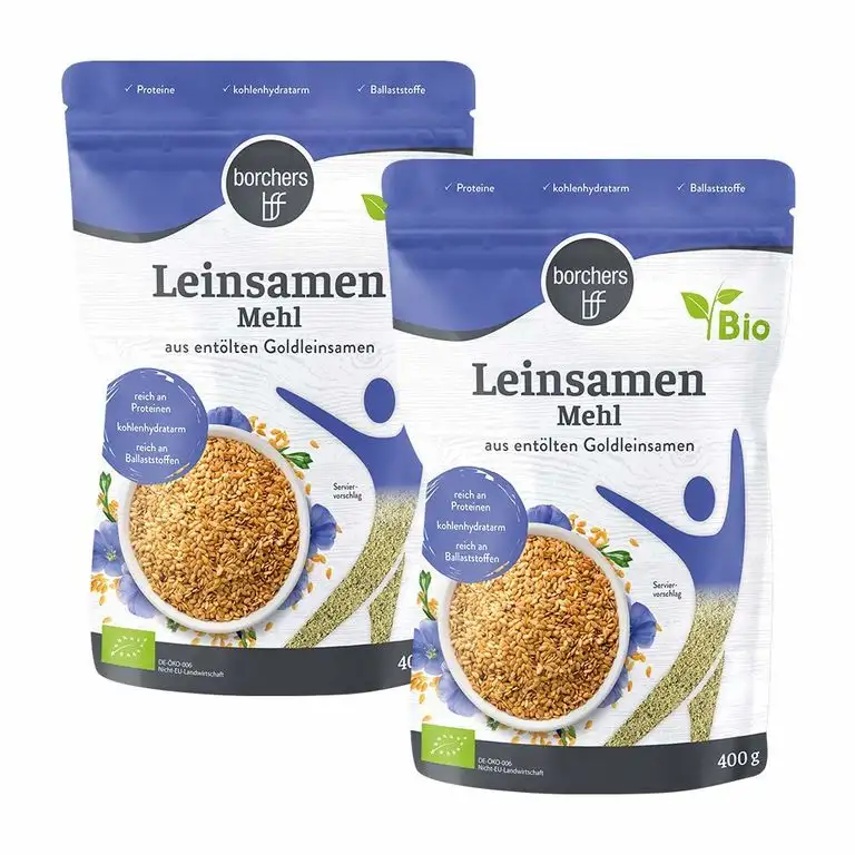 2 x borchers Bio Leinsamenmehl, Mehl aus Goldleinsaat, Von Natur aus Ballaststoffreich, Hoher Eiweißgehalt, Vegetarisch, Vegan, 400 g