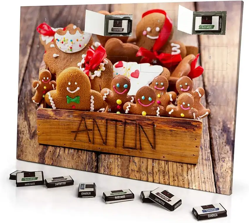 printplanet - Adventskalender mit Namen Anton - gefüllt mit Schokoladen-Füllung - personalisiert mit Namens-Motiv Weihnachtsbox - Schoko-Kalender, Weihnachtskalender, Namenskalender