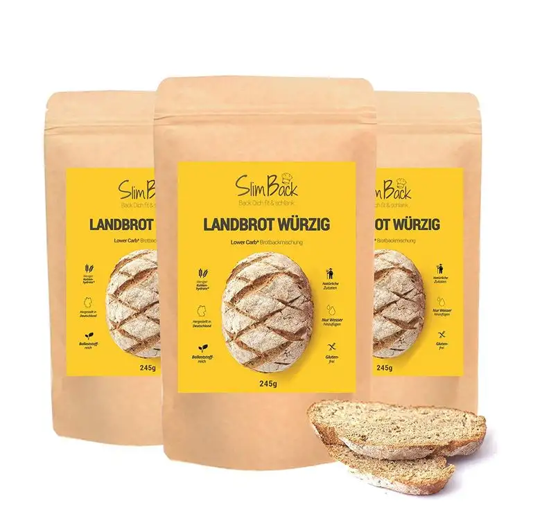 SlimBack - Lower Carb Landbrot Würzig (Brotgewürz) - 3er Pack - Brot Backmischung - Weniger Kohlenhydrate* | Glutenfrei | Ballaststoffreich | Sojafrei | Eiweißbrot ohne Getreide