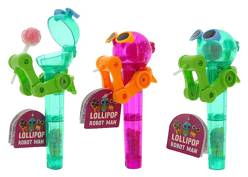 3-teiliges Set Robot Man Lollipop Lutscher mit Erdbeergeschmack und Bonbons mit Fruchtgeschmack, 3 x 16g, Mitgebsel Mitbringsel Kindergeburtstag