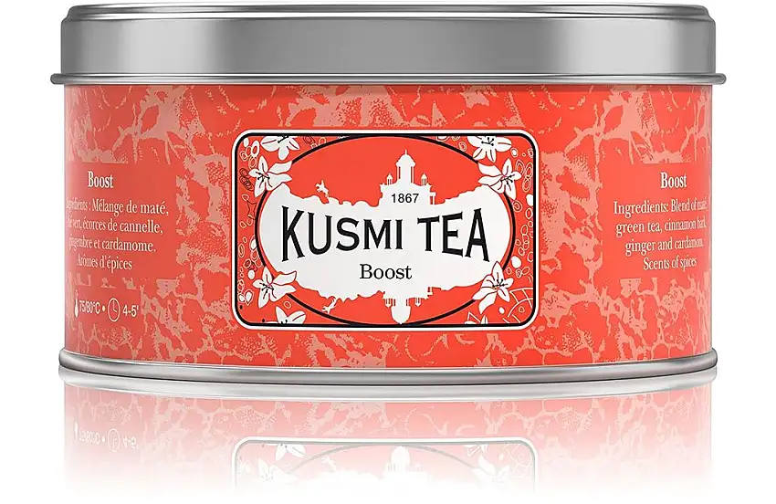 Kusmi Tea – Tee Boost – Aromatisierte Mischung aus Mate, Grüntee und Gewürzen – Zimt, Kardamom und Ingwer – Belebende Mischung – Dose mit 125 g