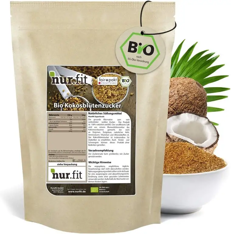 nur.fit by Nurafit BIO Kokosblütenzucker 1kg – rein natürlicher Zuckerersatz aus Kokosblüte als Süßungsmittel mit leichtem Karamell-Geschmack – Zuckeralternative in zertifizierter Bioqualität