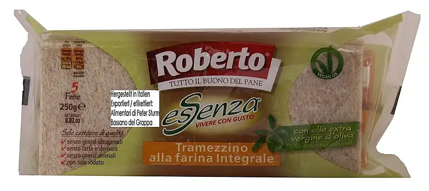 Roberto esSenza Tramezzino alla farina Integrale 5 x 250g = 1250 Vollkornweizenbrotscheiben mit extra natives Olivenöl Vegan