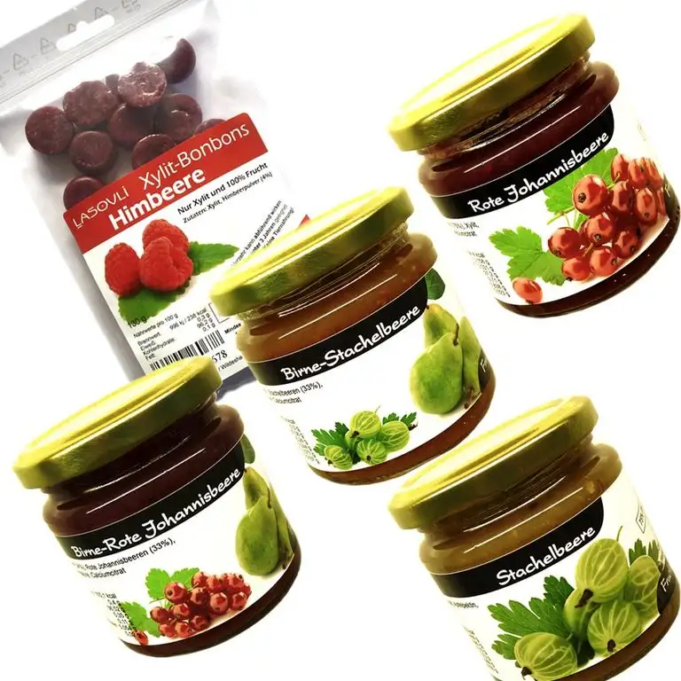Xylit Fruchtaufstriche im Bonus-Set Nr. 16"Stachelbeer- und Rote Johannisbeer-Variationen" (4 Gläser), 1 Beutel Xylit-Bonbons Himbeere im Wert von 4,99 Euro gratis