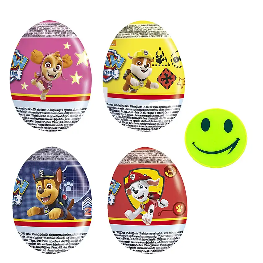 4x Paw Patrol Schoko-Überraschungsei (4x 20g) I mit kleinem Spielzeug I halb weiße Schokolade, halb Milchschokolade I plus Reflektierende Aufkleber I Nikolaus und Nikolausstiefel I Ostereier