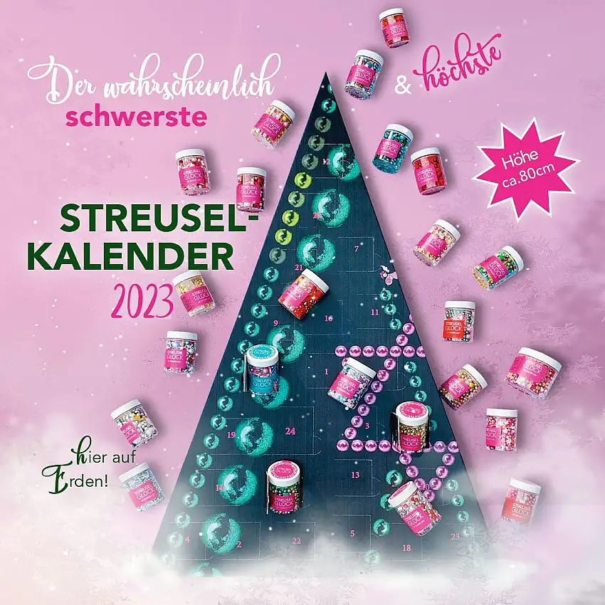 Adventskalender 2023 Glamour Tree Weihnachtskalender für Frauen Damen befüllt von STREUSEL GLÜCK mit Streusel-Mixen zum Backen essen kochen Füllung Sprinkles Zuckerstreusel Weihnachten