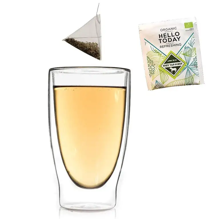 DUOS Bio-Set: 400ml Doppelwandglas + Bio-Tee, Thermoglas Teeglas mit Schwebe-Effekt + 1x Biotee Hello Today, auch für Latte Macchiato, Cappuchino, Tee, Eistee, Longdrinks geeignet, by Feelino