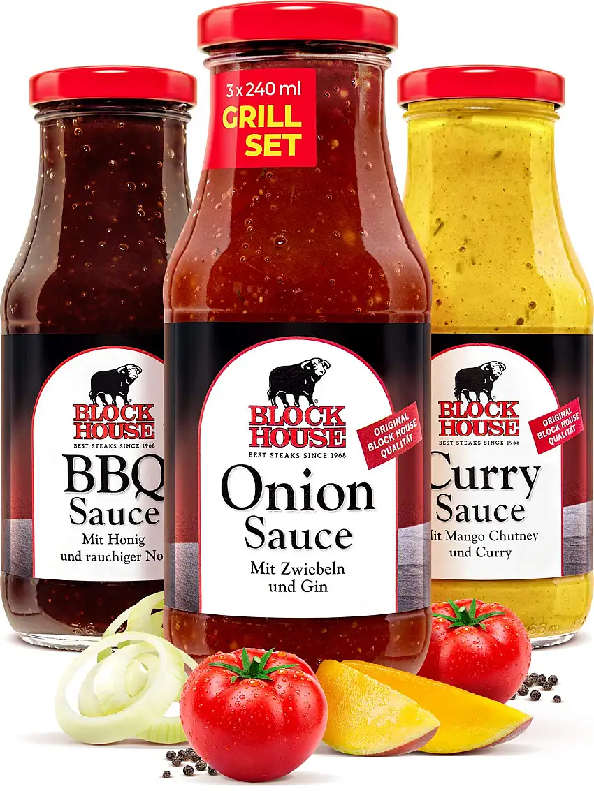 Block House Grillsaucen Set Black Line - Onion, BBQ und Curry Sauce