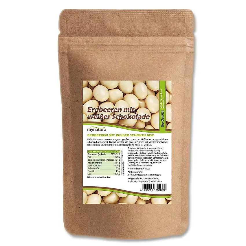 Mynatura Erdbeeren, gefriergetrocknet, in weißer Schokolade I Erdbeeren I umhüllt von Schokolade I Müsli I Snack I Süß I Beutel (1x 1000g)