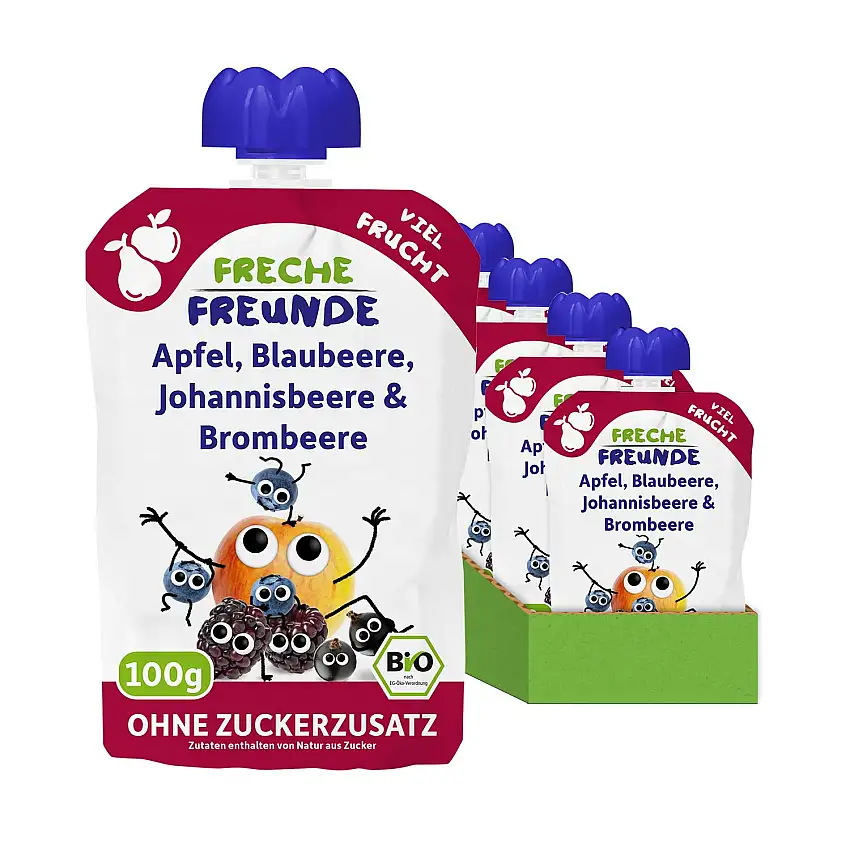 FRECHE FREUNDE Bio Quetschie Apfel, Blauneere, Johannisbeere & Brombeere, Fruchtmus im Quetschbeutel für Babys ab dem 6. Monat, vegan, 12er Pack (12 x 100g)
