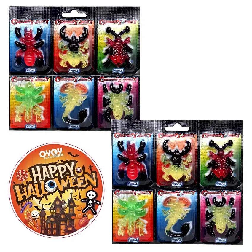 2x 6 Halloween Süßigkeiten Gruselig Creepy Jelly aus Fruchtgummi I bunte, gruselige Insekten I 12x 11g I plus OYOY Halloween-Sticker I Ideal für Halloweenparty oder Füllung des Süßigkeitenkorbs