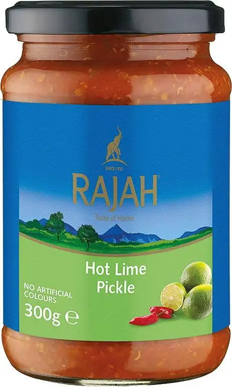Rajah Hot Lime Pickle – Scharf eingelegte Limetten – Ideal als Begleitung zu Curry, Fleisch, Käse, Poppadums & Vorspeisen – 3 x 300 g
