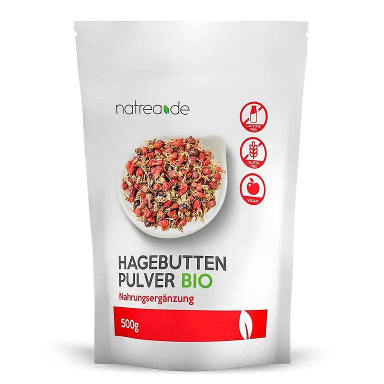 Natrea BIO Hagebuttenpulver 500g | ganze Hagebutte schonend gemahlen, in Deutschland abgefüllt und geprüft ✅ 100% reines BIO Hagebutten Pulver in Rohkostqualität