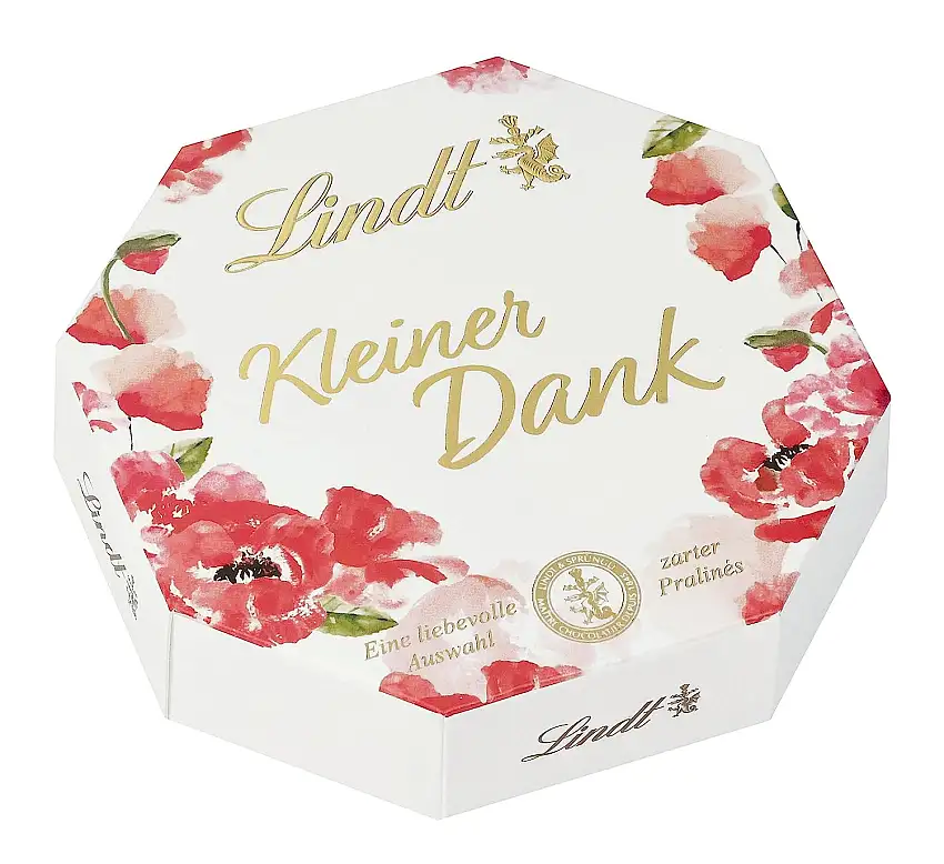 Lindt Schokolade Pralinen Kleiner Dank | 40 g | 4 Pralinés, Sorten: Marc de Champagne, Coeur à L'Orange, Amarettotrüffel, Marzipan Gianduja | 2 Farb-Varianten | Pralinengeschenk | Schokoladengeschenk