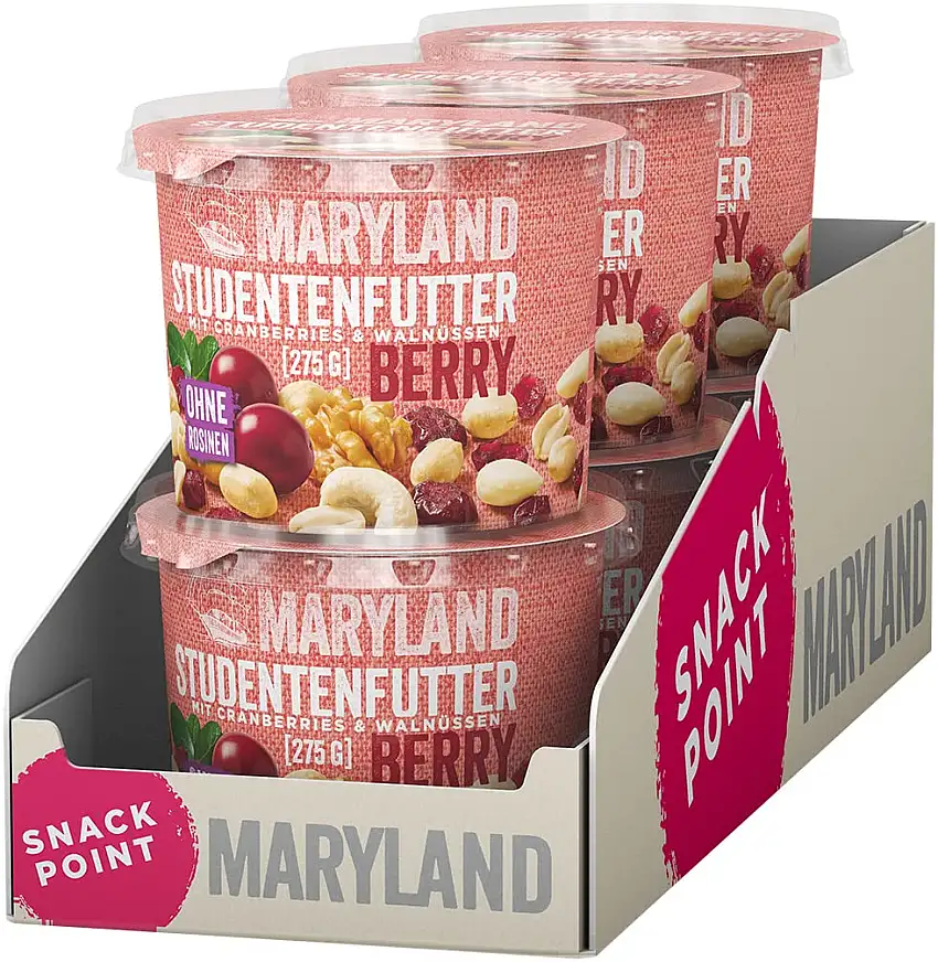 Maryland Studentenfutter Berry 275g Becher Vorratspack – Cranberries, Erdnusskerne, Walnusskerne, Mandeln (blanchiert) und Cashewkerne – Ohne Rosinen (6 x 275g)