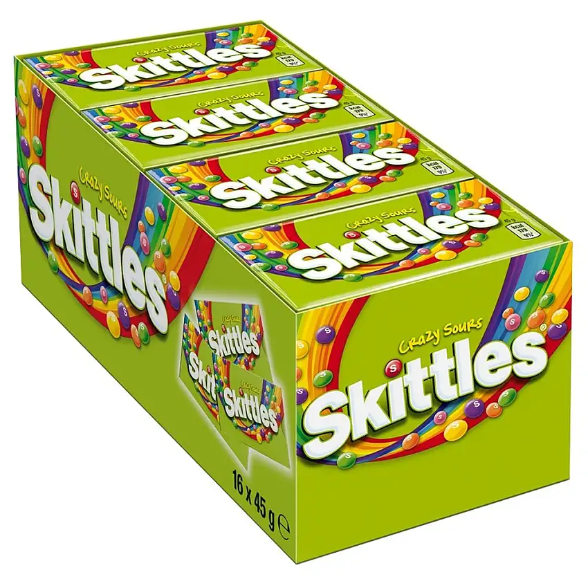 Skittles Crazy Sours, Sauer-Fruchtig, 16 Packungen Kaubonbons à 45 g