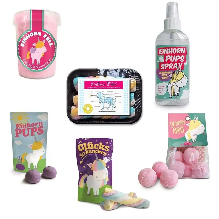 Einhorn Mega Geschenk-Set - Einhorn-Fell, Einhorn-Äppel, Einhorn-Pups, Einhorn-Filet, Einhorn-Stückchen, Glückssträhnchen (6er Pack, 158g)