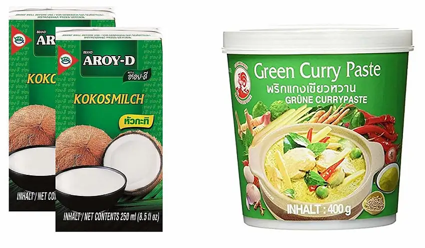 2er Pack AROY-D Kokosnussmilch [2x 250ml] Cocosmilc - Coconut Milk + Cock Curry Paste grün 1x400g