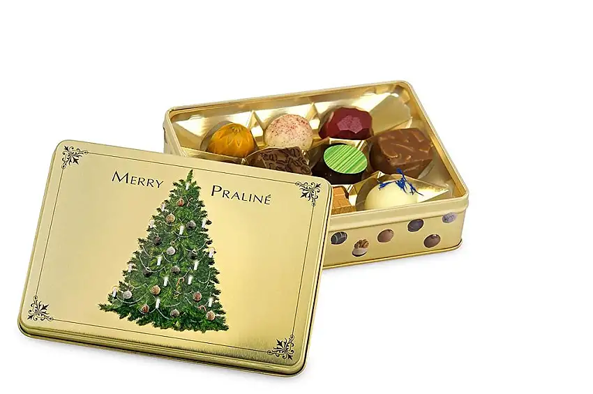 Präsentdose "Merry Praline" 125g, Manufakturqualität!, handgefertigt von den Konditoren der Confiserie Rabbel...für ein Lächeln mehr am Tag