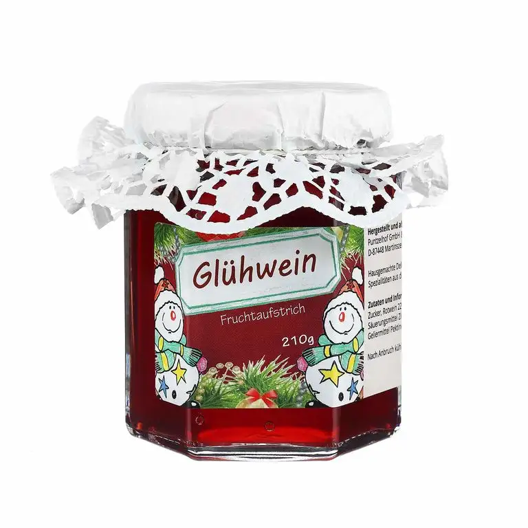 Glühwein Fruchtaufstrich aus dem Allgäu - Feinkost Geschenk zu Weihnachten mit Hütchen im 210g Glas