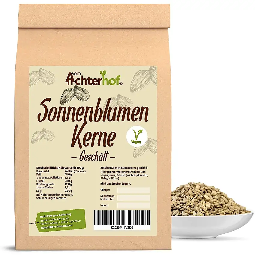 Sonnenblumenkerne geschält 1000g | besonders aromatisch im Geschmack | zum Kochen oder Backen oder als Kraftnahrung zwischendurch | vom Achterhof