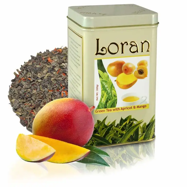 LORAN - Grüner Ceylon Tee mit Aprikose und Mango 200g |Premium Qualität | Ceylon Tee aus Sri Lanka|lose in Dose, Mangostückchen, Aprikosenstückchen, natürliche Mango-und Aprikose-Aroma