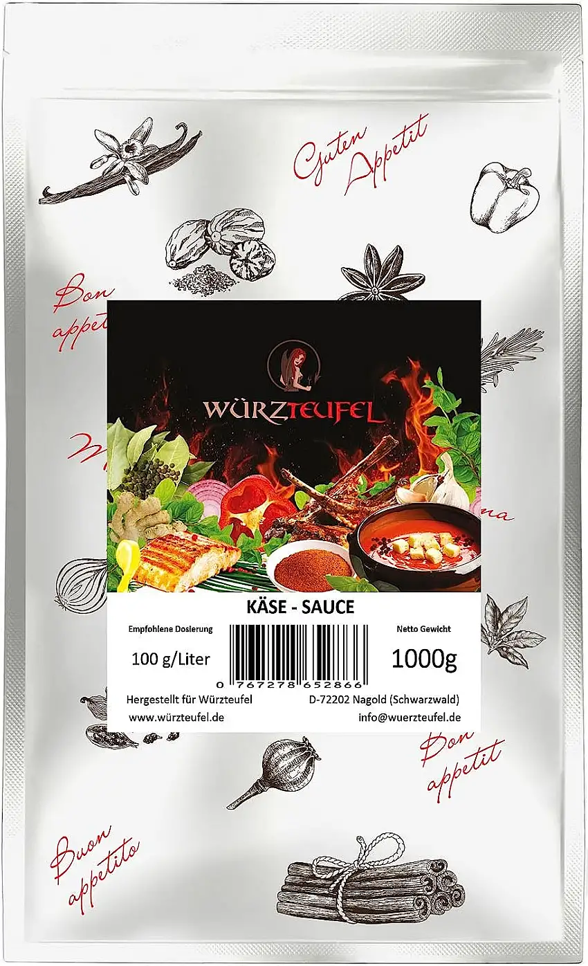 Käsesoße, Käse - Sauce in Restaurantqualität. Vegan, Kalorienreduziert. Frei von Geschmacksverstärkern. Beutel 1000g (1KG ca. 350 Portionen)