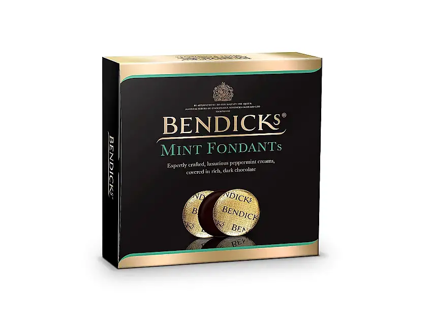 BENDICKS MINT FONDANTS I 180g Pfefferminz-Pralinen I Zartbitterschokolade mit Pfefferminzfondantfüllung I Pfefferminztaler I Reines Pfefferminzöl in einem weichen Fondantkern (1)