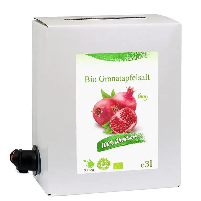 GutFood - 3 Liter Bio Granatapfelsaft - Bio Granatapfel Saft in praktischer Bag in Box Packung ( 1 x 3 l Saftbox ) - Muttersaft aus Bio Granatäpfeln Erstpressung in absoluter Spitzenqualität