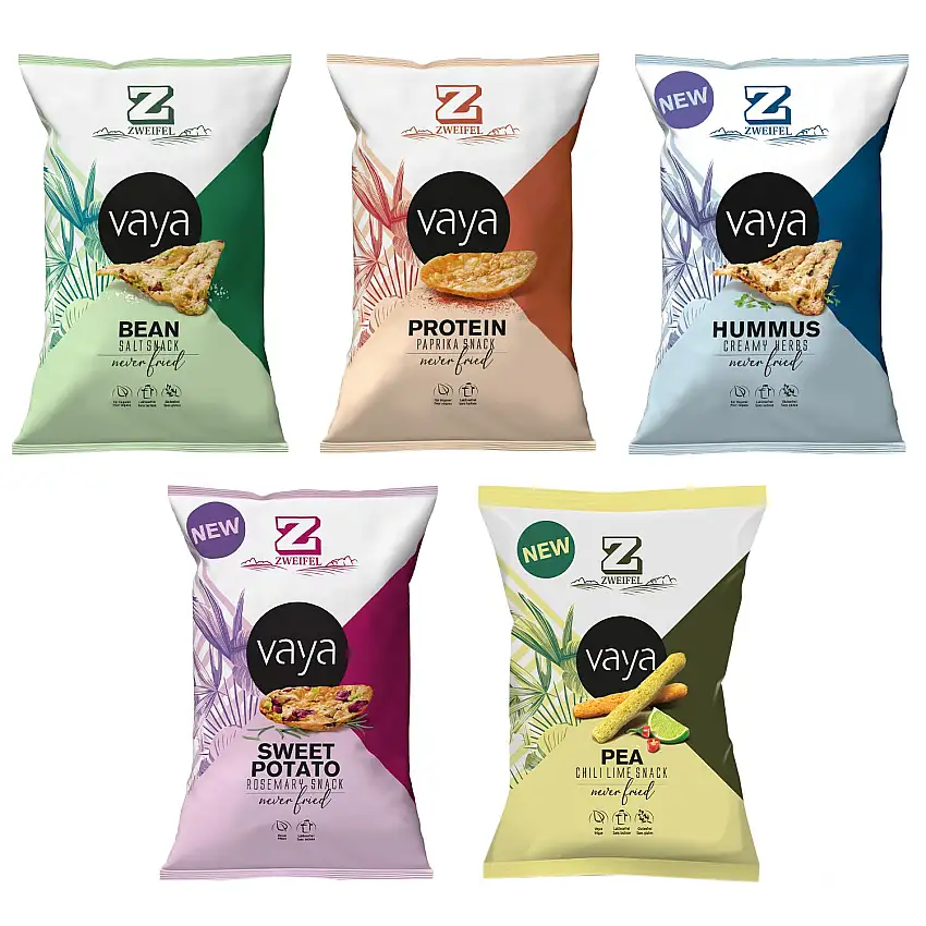 VAYA Chips Box Mix 5 Sorten mit Bean Salt, Paprika, Hummus Creamy Herbs, Sweet Potato Rosemary und Pea Chili Lime Snacks 40% weniger Fett im Probierset