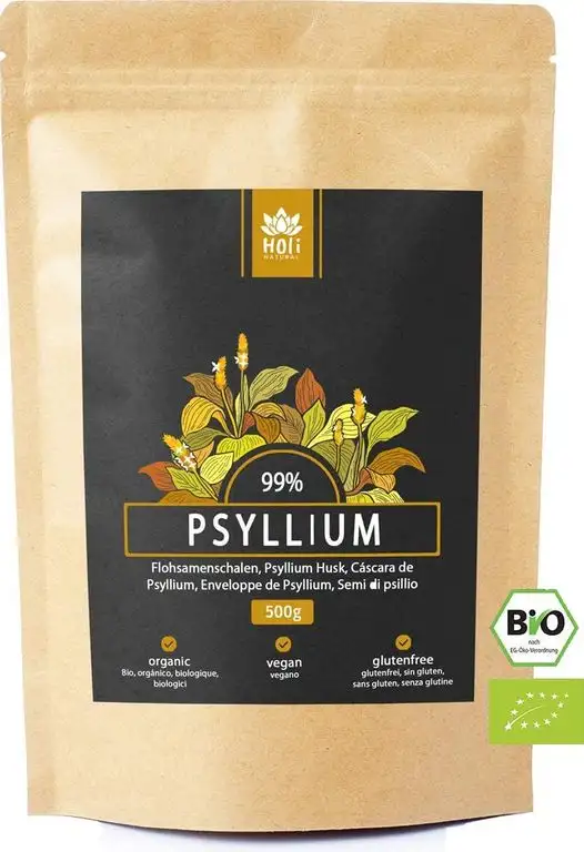 Holi Natural® BIO Flohsamenschalen gemahlen. 500g Im wiederverschließbaren Beutel. 99% Reinheit. Vegan, Glutenfrei und frei von Zusätzen. Ballaststoffreich. Low Carb. Aus Ökologischer Landwirtschaft.