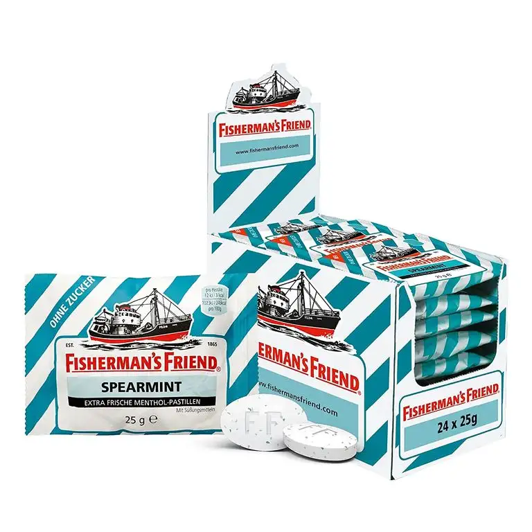 Fisherman's Friend Spearmint | Karton mit 24 Beuteln | Menthol und Spearmint Geschmack | Zuckerfrei für frischen Atem