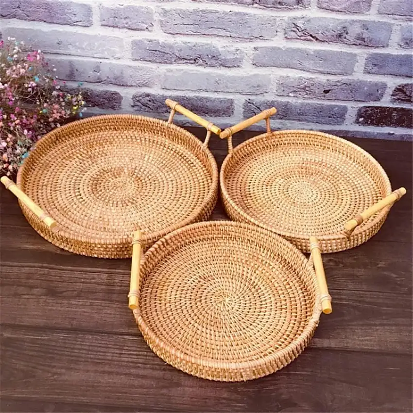 GJRFYJ Bambus-Holztablett, dekoratives Tablett, Lebensmittel, Obst, Brot, Snacks, Aufbewahrungskorb, Obstkuchenplatte, Abendessen, handgewebtes Rattan-Tablett (Color : A, Size : 28 * 4cm)